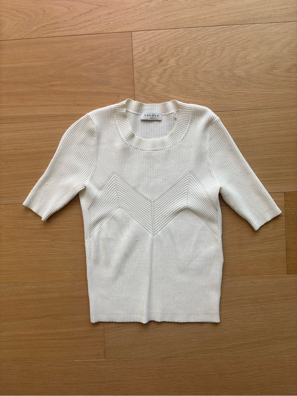 Sandro Paris Cream Short Sleeve Chevron Knit Top